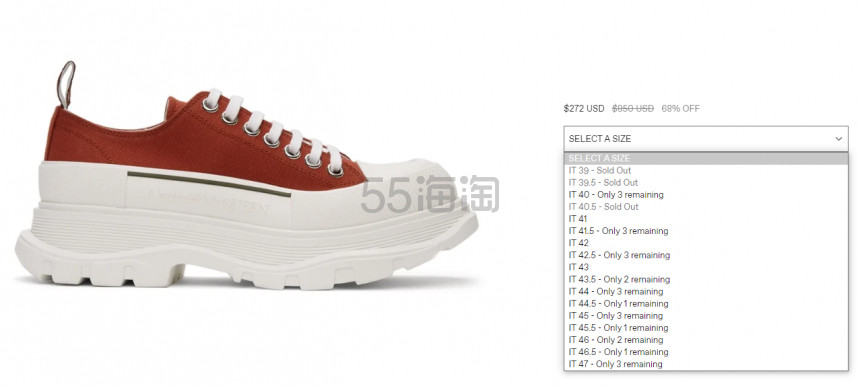 Alexander Mcqueen 麦昆 Tread Slick 红色厚底鞋 男款 3.2折 $272（约1805元）