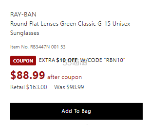 RAY-BAN 雷朋 圆形平光镜绿色经典G-15中性太阳镜 5.5折 $88.99（约596元）