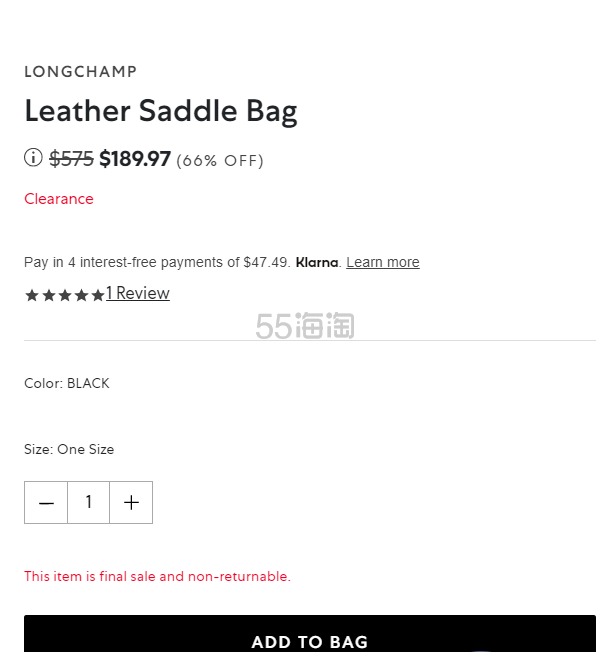 Longchamp 珑骧黑色单肩包 3.3折 $189.97（约1251元）