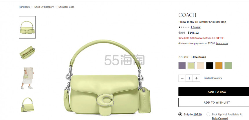 史低价！Saks：Coach 蔻驰 Pillow Tabby 18枕头包薄荷绿 $148.12+满赠礼卡