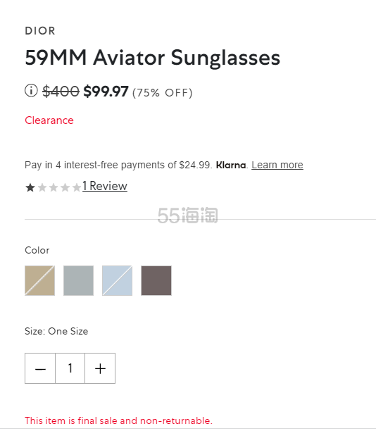 Dior 迪奥59MM Aviator墨镜 2.5折 $99.97（约660元）